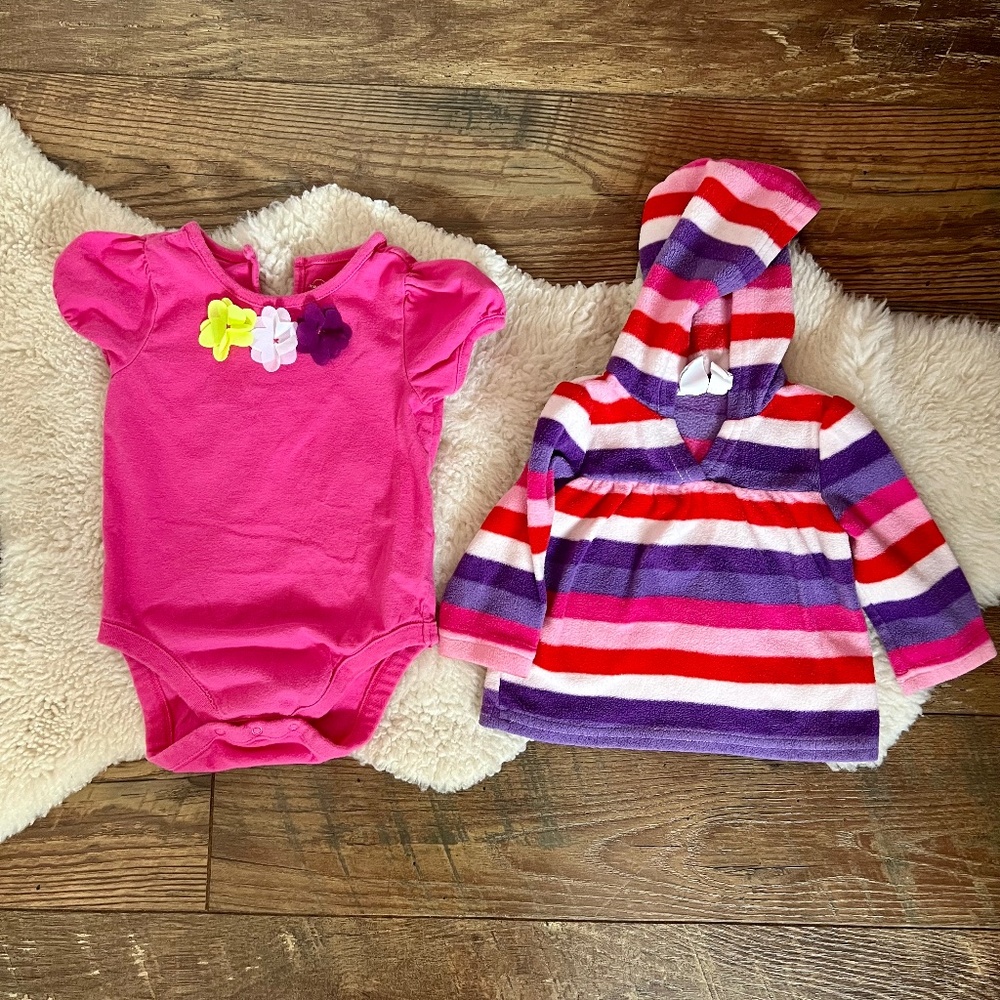 Children’s Place pink onesie + fleece stripe sweater. Onesie is 100% cotton.